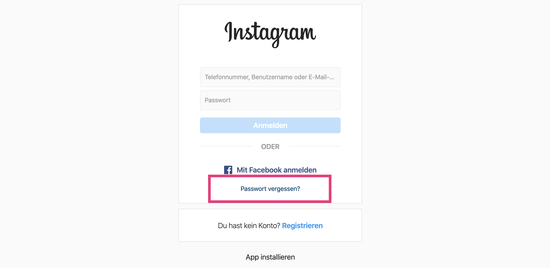 Instagram Passwort vergessen Link